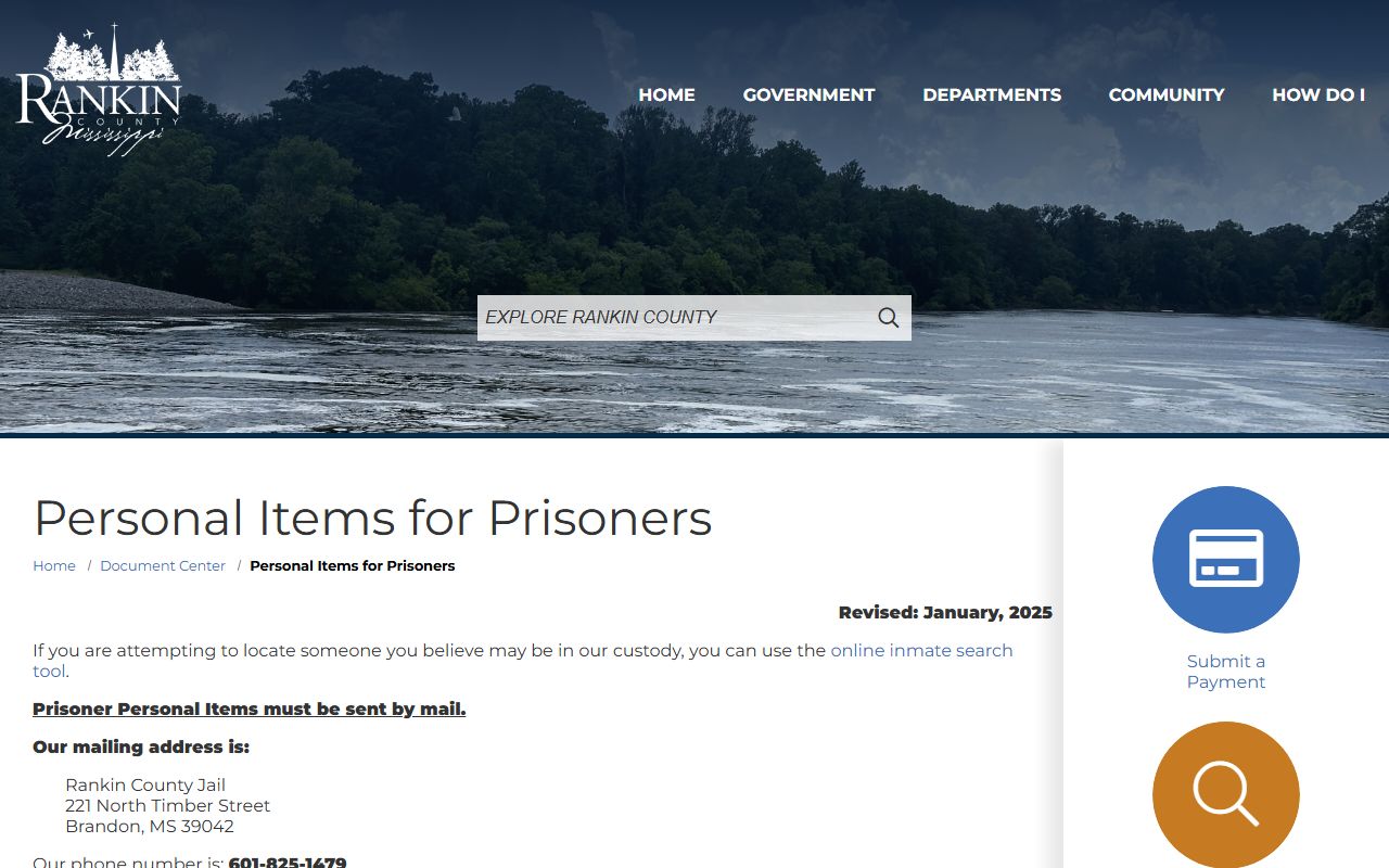 Rankin County personal items for prisoners rules